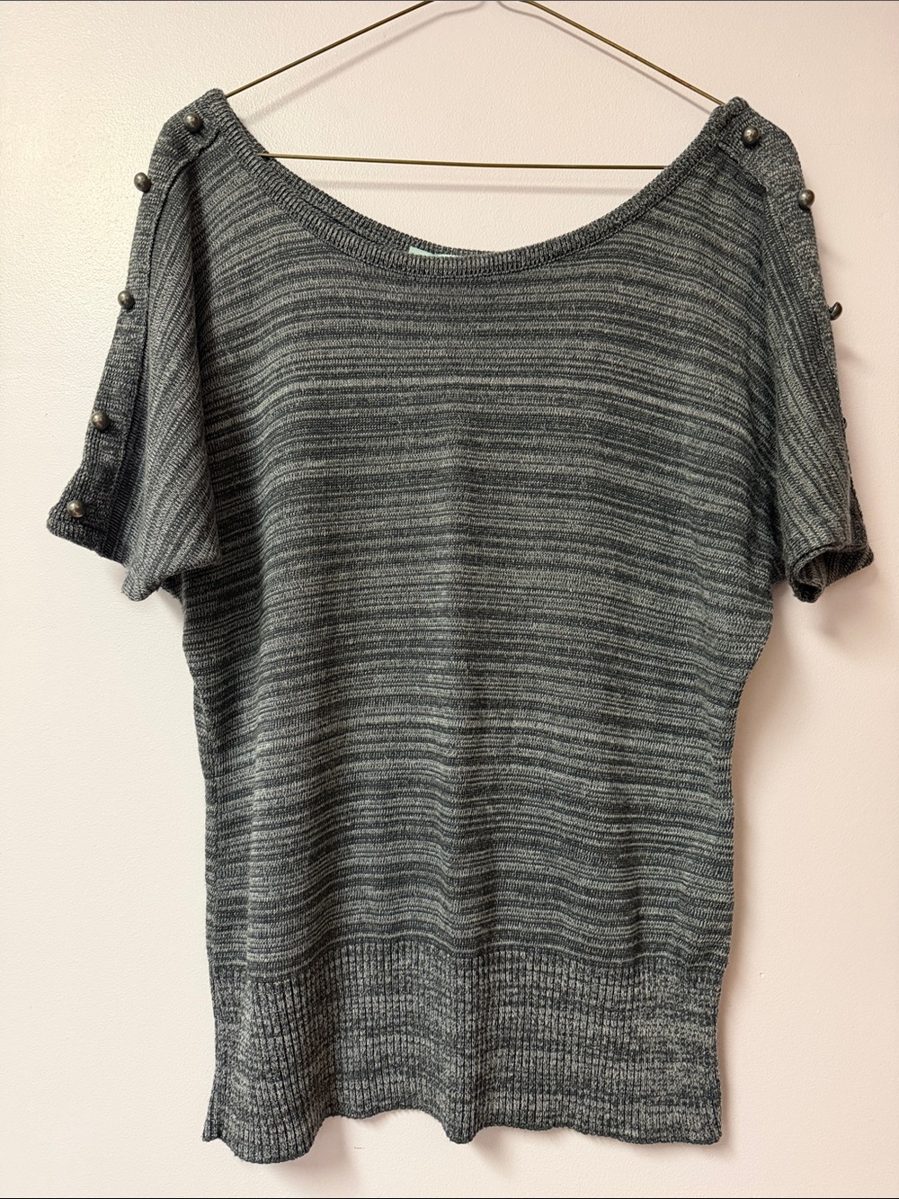 Maurices Heathered Gray stripe  Short-Sleeve Sweater with metal Button Trim arms